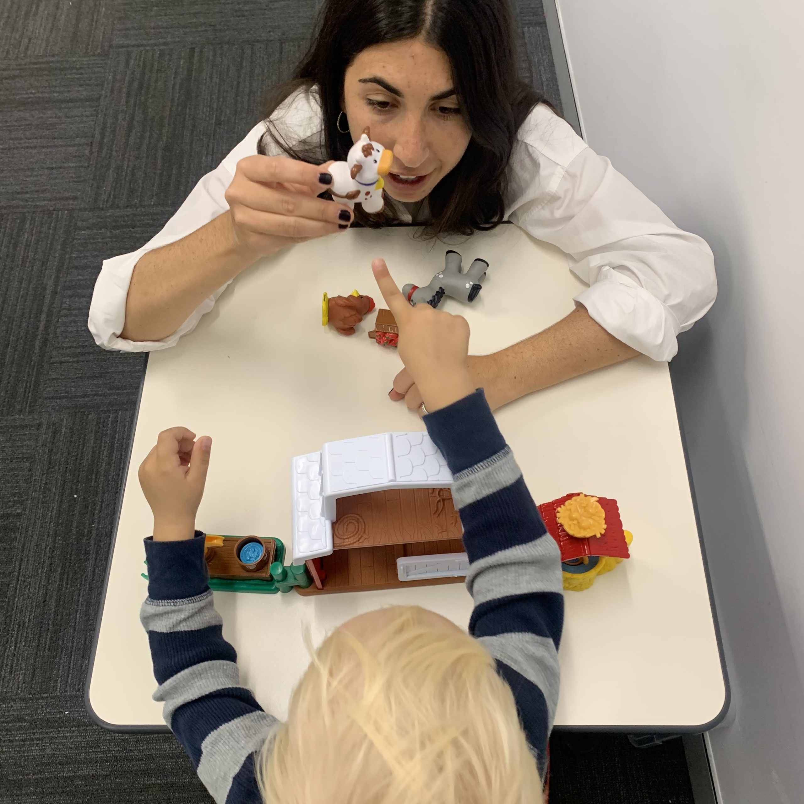 A boy learning to point in an Early Start Denver Model (ESDM) in action in our Sydney clinics in Bondi Junction and Mascot.